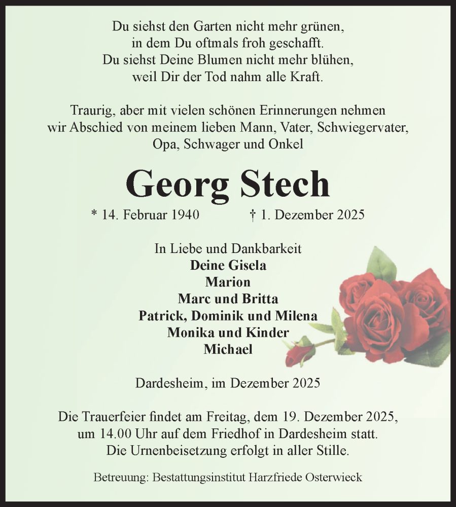  Traueranzeige für Georg Stech vom 06.12.2025 aus Volksstimme Halberstadt