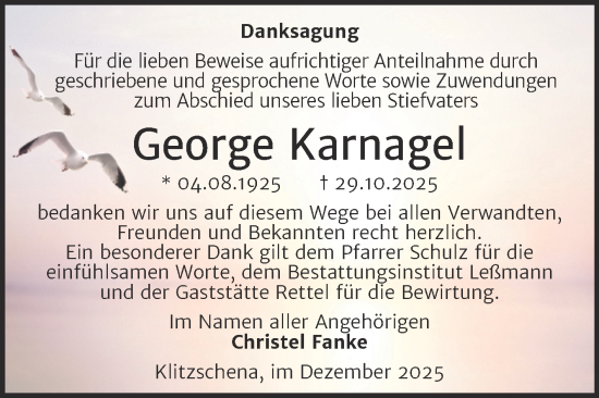 Traueranzeige von George Karnagel von Trauerkombi Wittenberg