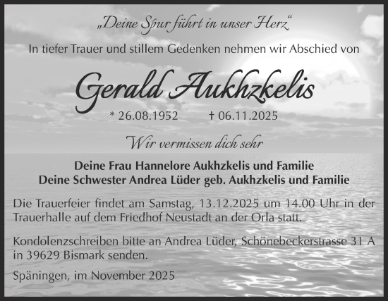 Traueranzeige von Gerald Aukhzkelis von Volksstimme Altmark Ost