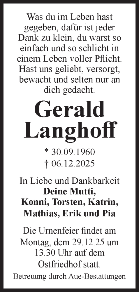 Traueranzeige von Gerald Langhoff von Volksstimme Magdeburg