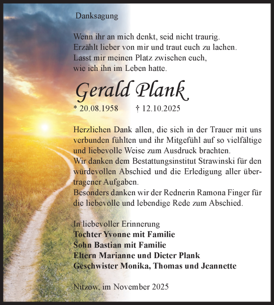 Traueranzeige von Gerald Plank von Volksstimme Altmark Ost