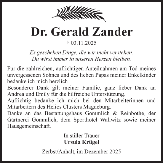 Traueranzeige von Gerald Zander von Volksstimme Zerbst