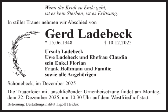 Traueranzeige von Gerd Ladebeck von Volksstimme Schönebeck