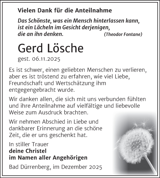 Traueranzeige von Gerd Lösche von Trauerkombi Merseburg