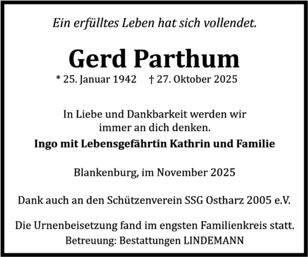  Traueranzeige für Gerd Parthum vom 29.11.2025 aus Volksstimme Wernigerode