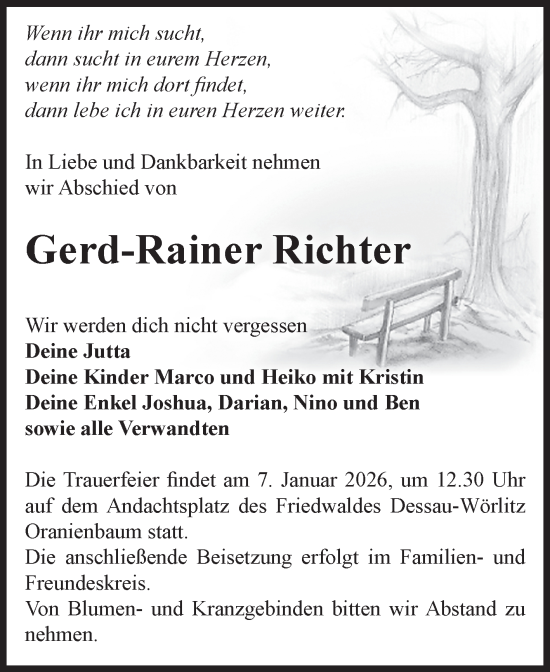 Traueranzeige von Gerd-Rainer Richter von Volksstimme Zerbst