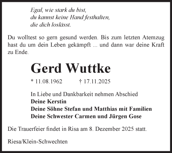 Traueranzeige von Gerd Wuttke von Volksstimme Altmark Ost