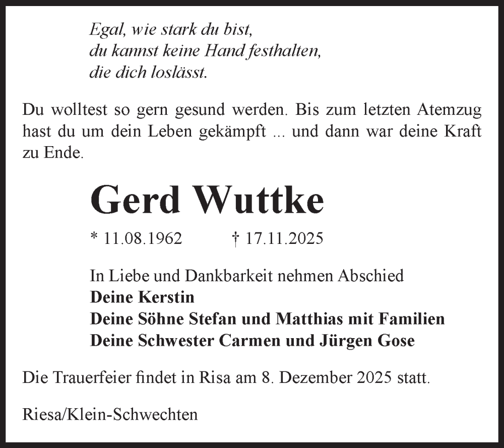  Traueranzeige für Gerd Wuttke vom 06.12.2025 aus Volksstimme Altmark Ost