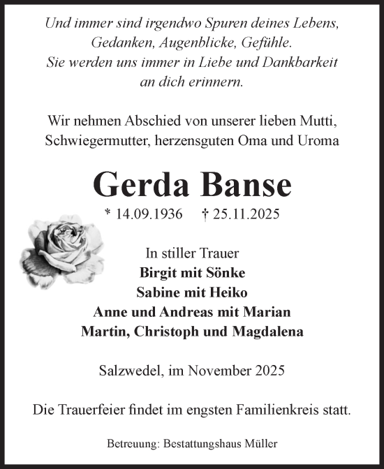 Traueranzeige von Gerda Banse von Volksstimme Altmark West