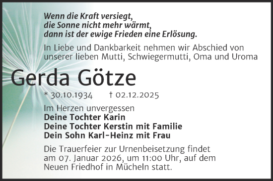 Traueranzeige von Gerda Götze von Trauerkombi Merseburg