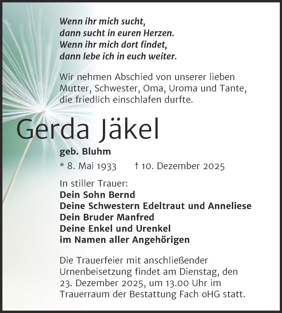  Traueranzeige für Gerda Jäkel vom 18.12.2025 aus Trauerkombi Merseburg