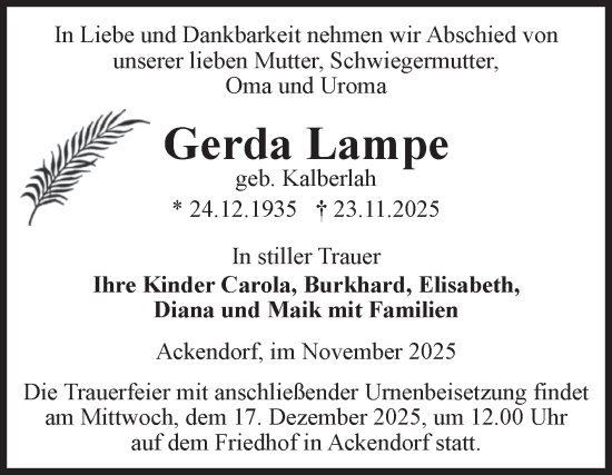 Traueranzeige von Gerda Lampe von Volksstimme Haldensleben/Wolmirstedt