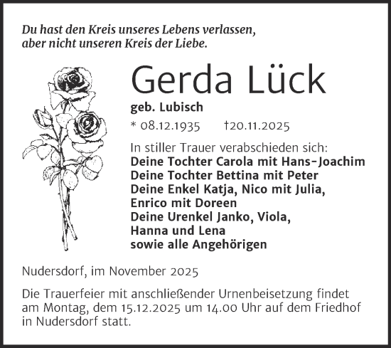 Traueranzeige von Gerda Lück von Trauerkombi Wittenberg
