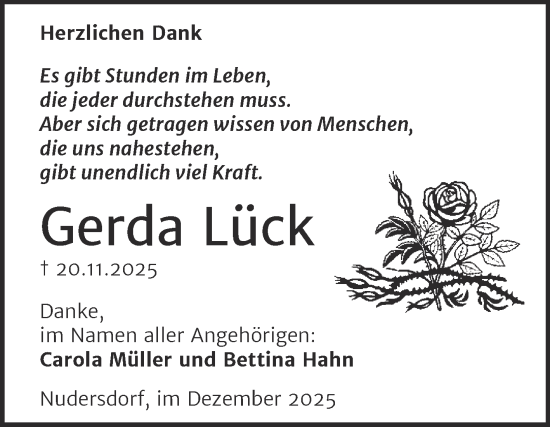 Traueranzeige von Gerda Lück von Trauerkombi Wittenberg