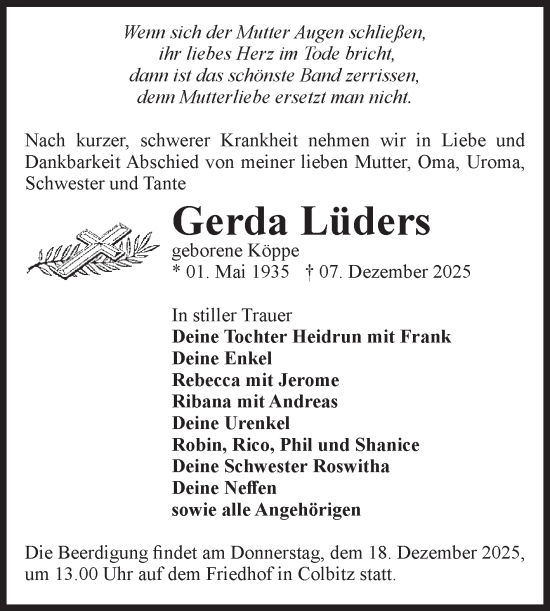 Traueranzeige von Gerda Lüders von Volksstimme Haldensleben/Wolmirstedt