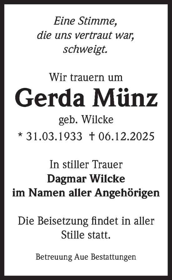Traueranzeige von Gerda Münz von Volksstimme Magdeburg