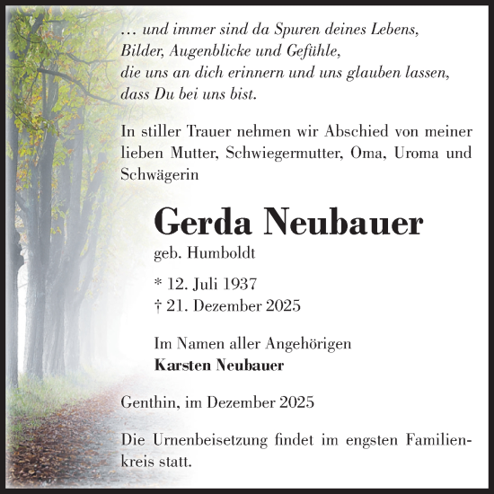 Traueranzeige von Gerda Neubauer von Volksstimme Burg/Genthin