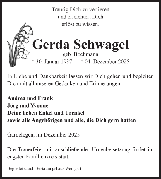Traueranzeige von Gerda Schwagel von Volksstimme Altmark West