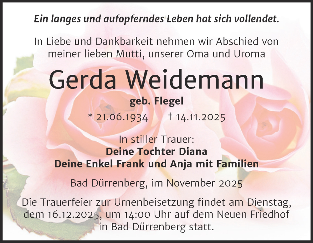  Traueranzeige für Gerda Weidemann vom 06.12.2025 aus Trauerkombi Merseburg