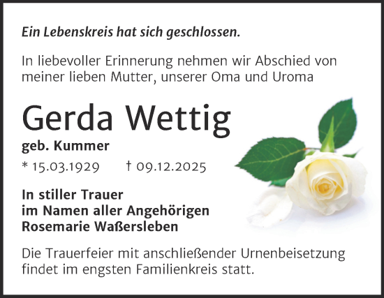Traueranzeige von Gerda Wettig von Trauerkombi Wittenberg
