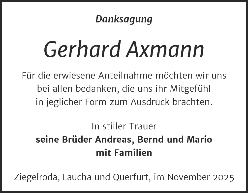  Traueranzeige für Gerhard Axmann vom 29.11.2025 aus Trauerkombi Merseburg