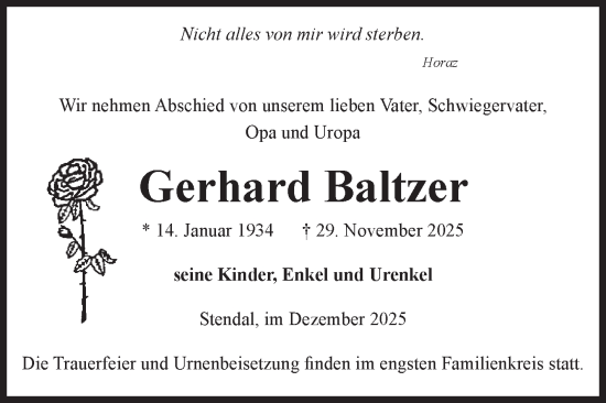 Traueranzeige von Gerhard Baltzer von Volksstimme Altmark Ost