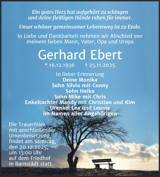 Traueranzeige von Gerhard Ebert von Trauerkombi Merseburg