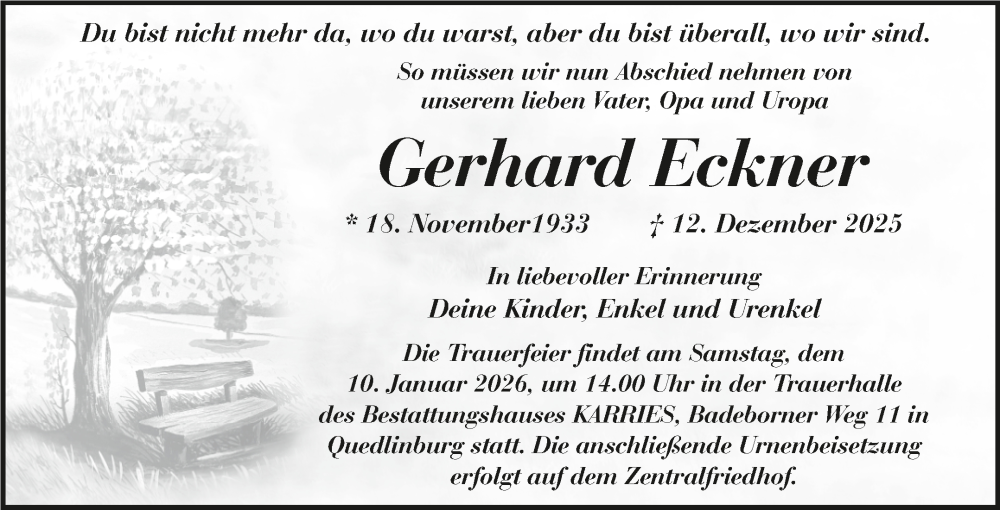  Traueranzeige für Gerhard Eckner vom 27.12.2025 aus Trauerkombi Quedlinburg