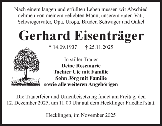 Traueranzeige von Gerhard Eisenträger von Volksstimme Staßfurt