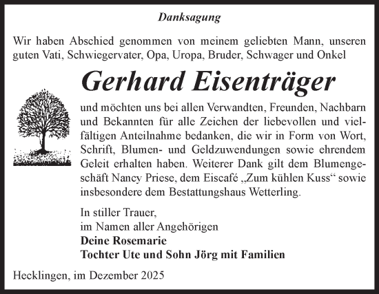 Traueranzeige von Gerhard Eisenträger von Volksstimme Staßfurt