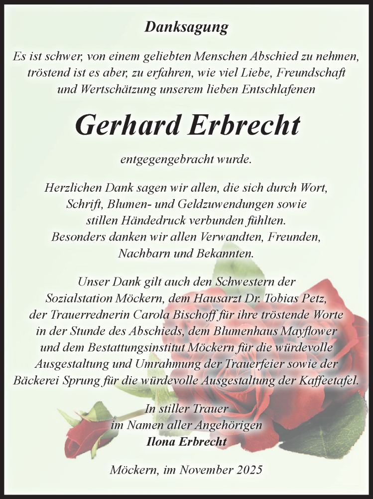  Traueranzeige für Gerhard Erbrecht vom 13.12.2025 aus Volksstimme Burg/Genthin