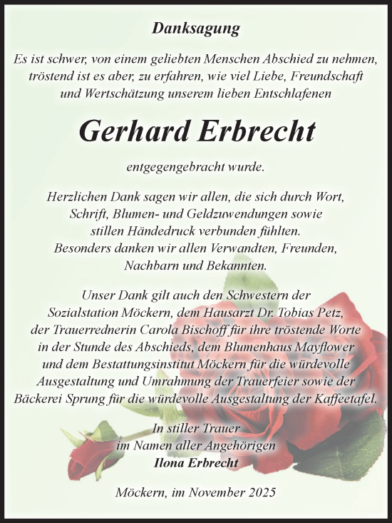 Traueranzeige von Gerhard Erbrecht von Volksstimme Burg/Genthin