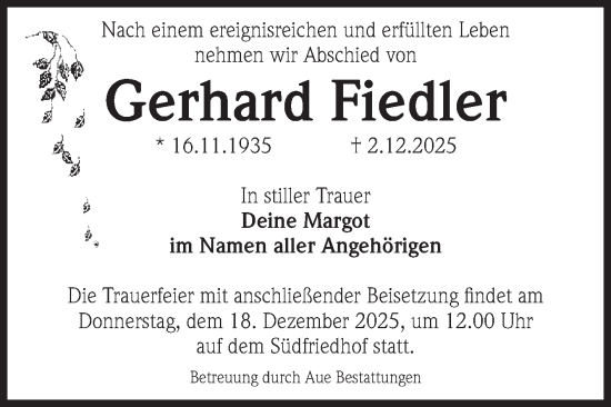 Traueranzeige von Gerhard Fiedler von Volksstimme Magdeburg