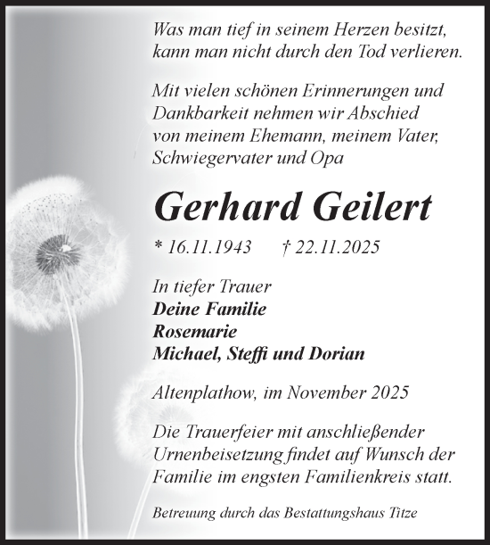 Traueranzeige von Gerhard Geilert von Volksstimme Burg/Genthin