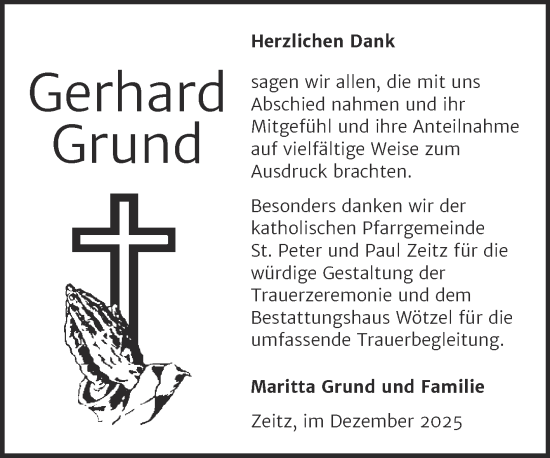 Traueranzeige von Gerhard Grund von Trauerkombi Zeitz