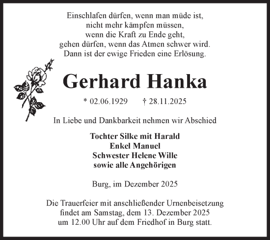 Traueranzeige von Gerhard Hanka von Volksstimme Burg/Genthin