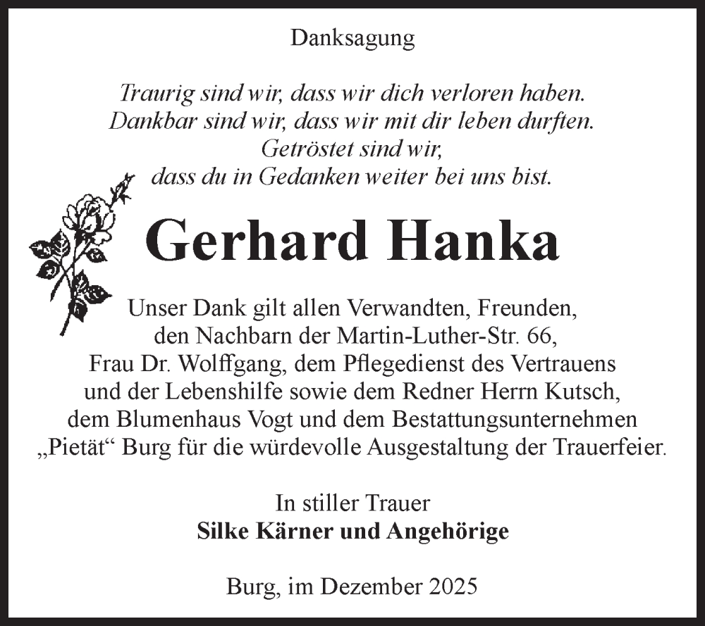  Traueranzeige für Gerhard Hanka vom 20.12.2025 aus Volksstimme Burg/Genthin