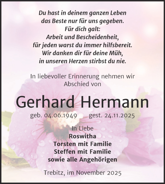 Traueranzeige von Gerhard Hermann von Trauerkombi Wittenberg
