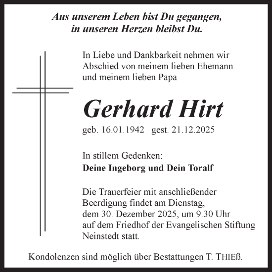 Traueranzeige von Gerhard Hirt von Mitteldeutsche Zeitung Quedlingburg