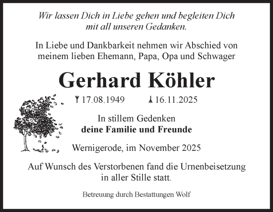 Traueranzeige von Gerhard Köhler von Volksstimme Wernigerode