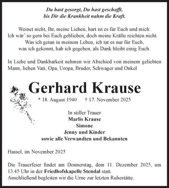 Traueranzeige von Gerhard Krause von Volksstimme Altmark Ost