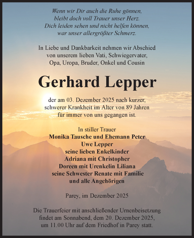  Traueranzeige für Gerhard Lepper vom 13.12.2025 aus Volksstimme Burg/Genthin