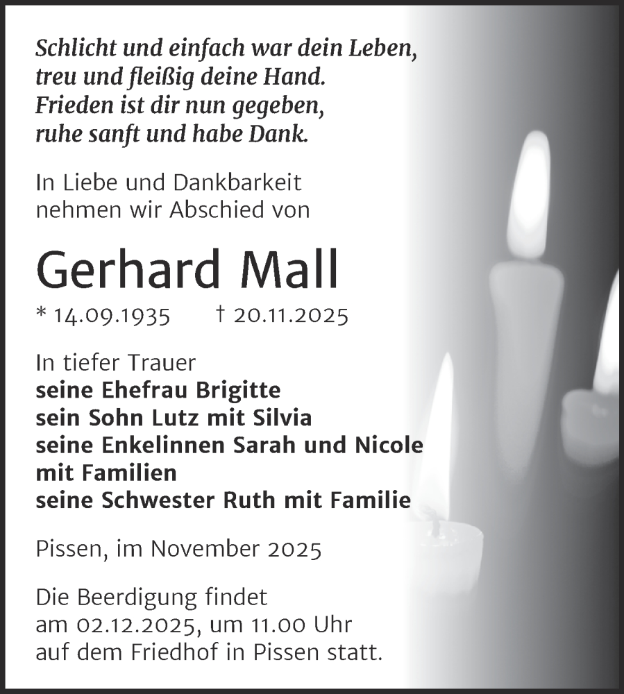  Traueranzeige für Gerhard Mall vom 27.11.2025 aus Trauerkombi Merseburg