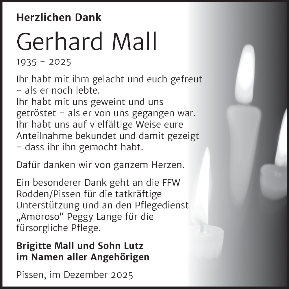  Traueranzeige für Gerhard Mall vom 13.12.2025 aus Trauerkombi Merseburg
