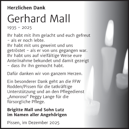 Traueranzeige von Gerhard Mall von Trauerkombi Merseburg