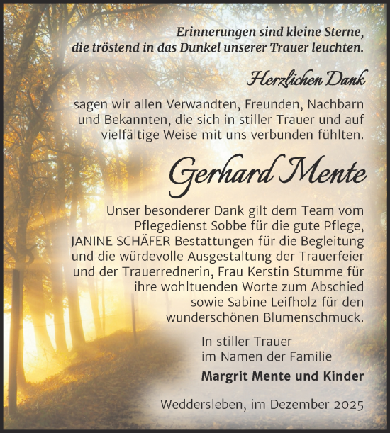 Traueranzeige von Gerhard Mente von Trauerkombi Quedlinburg