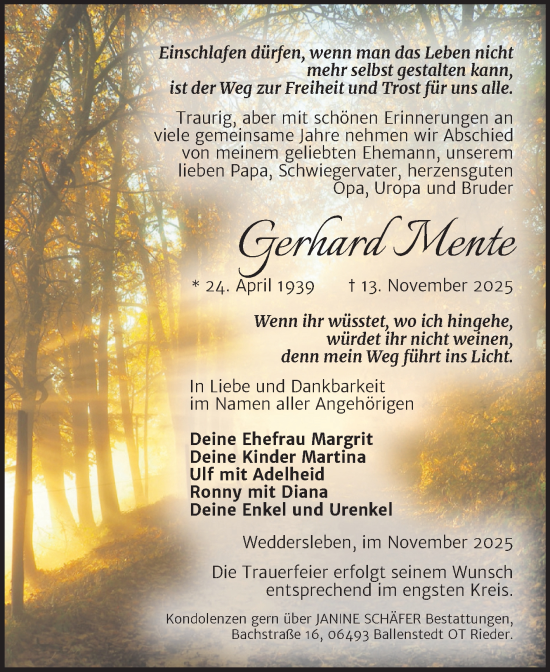 Traueranzeige von Gerhard Mente von Trauerkombi Quedlinburg