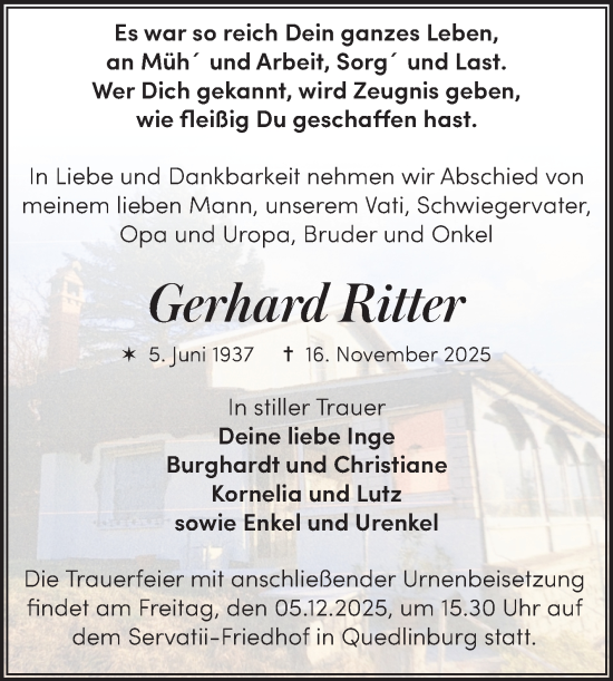 Traueranzeige von Gerhard Ritter von Trauerkombi Quedlinburg
