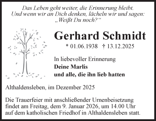 Traueranzeige von Gerhard Schmidt von Volksstimme Haldensleben/Wolmirstedt