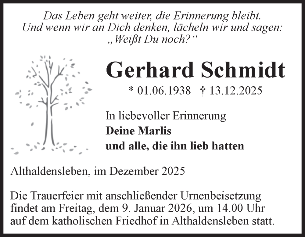  Traueranzeige für Gerhard Schmidt vom 20.12.2025 aus Volksstimme Haldensleben/Wolmirstedt